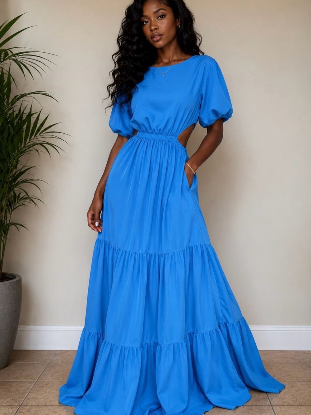 Umgee Royal Blue Maxi Dress with Cutout Waist